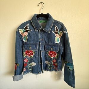 Signature8 Blue Denim Jacket with Raw Hem, Embroidered Birds and Flowers